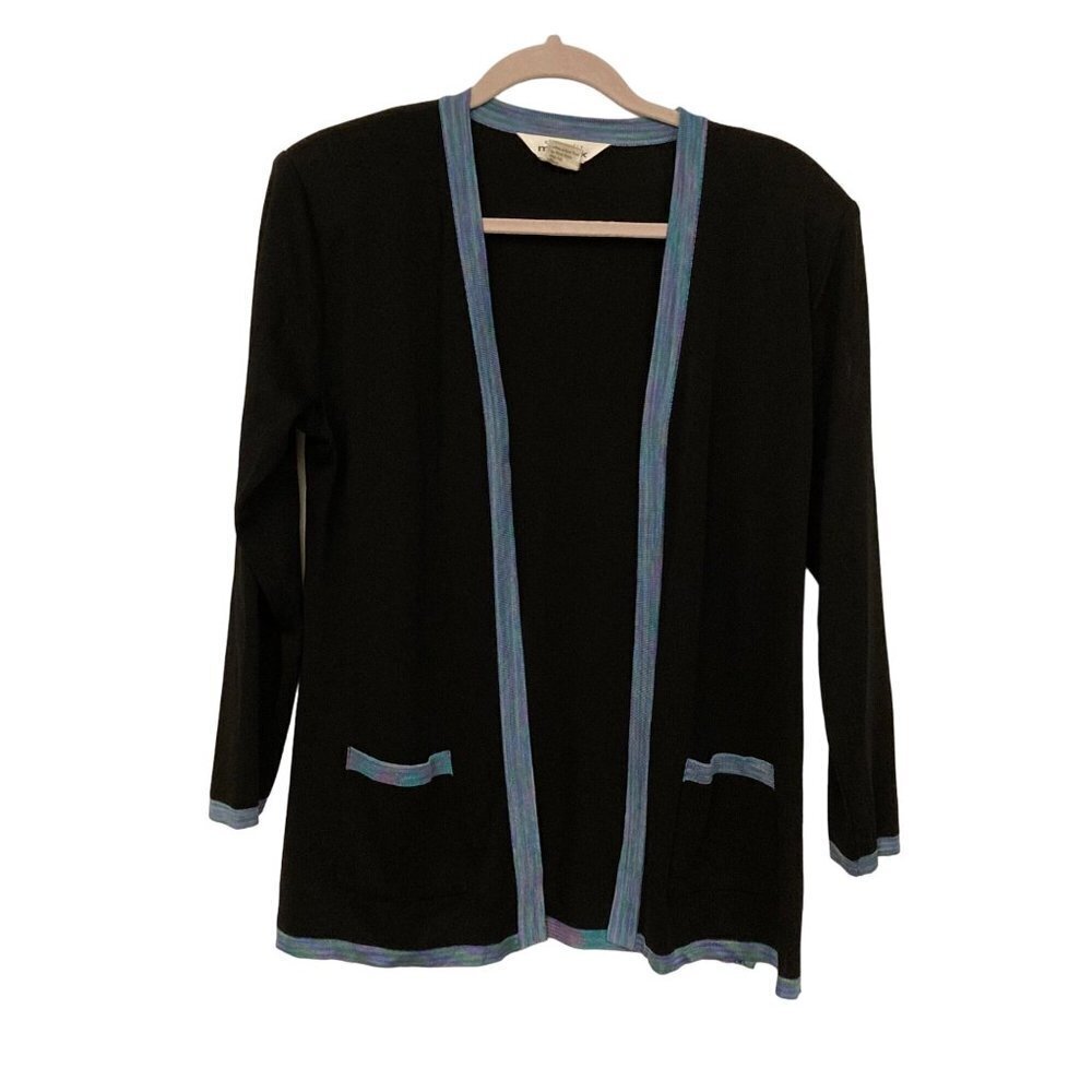 Exclusively Misook Black Open Cardigan Sweater Blue Purple Trim Pockets Sz XS